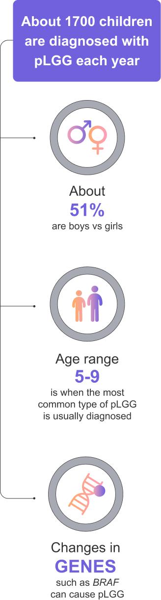 About 1700 children are diagnosed with pLGG each year. About 51% are boys versus girls. Age range 5-9 is when the most common type of pLGG is usually diagnosed. Changes in genes such as BRAF can cause pLGG.